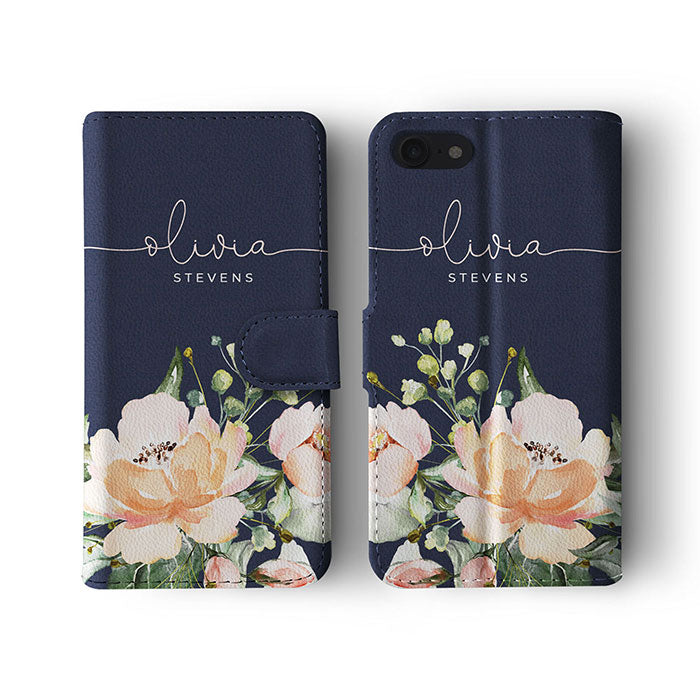 Personalised Wallet Flip Case Custom Name While Rose Vintage Watercolour