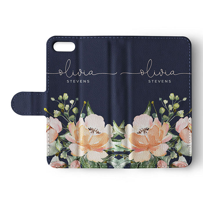 Personalised Wallet Flip Case Custom Name While Rose Vintage Watercolour