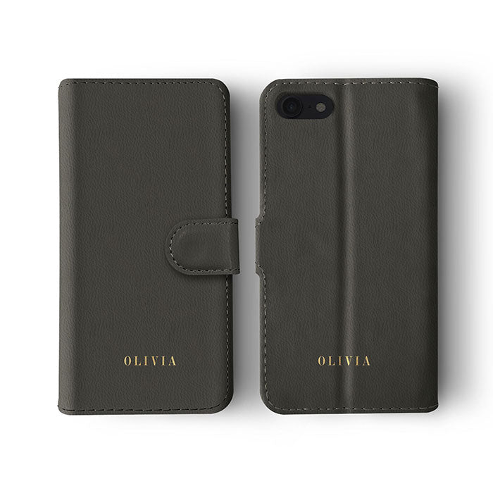 Personalised Wallet Flip Case Custom Name Gold on Dark Gray