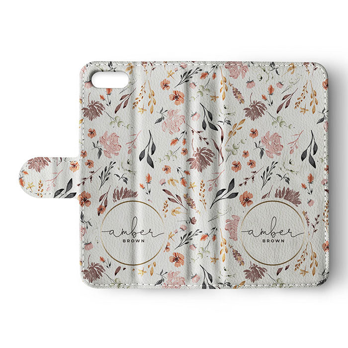 Personalised Wallet Flip Case Custom Name Autumn Flowers on White