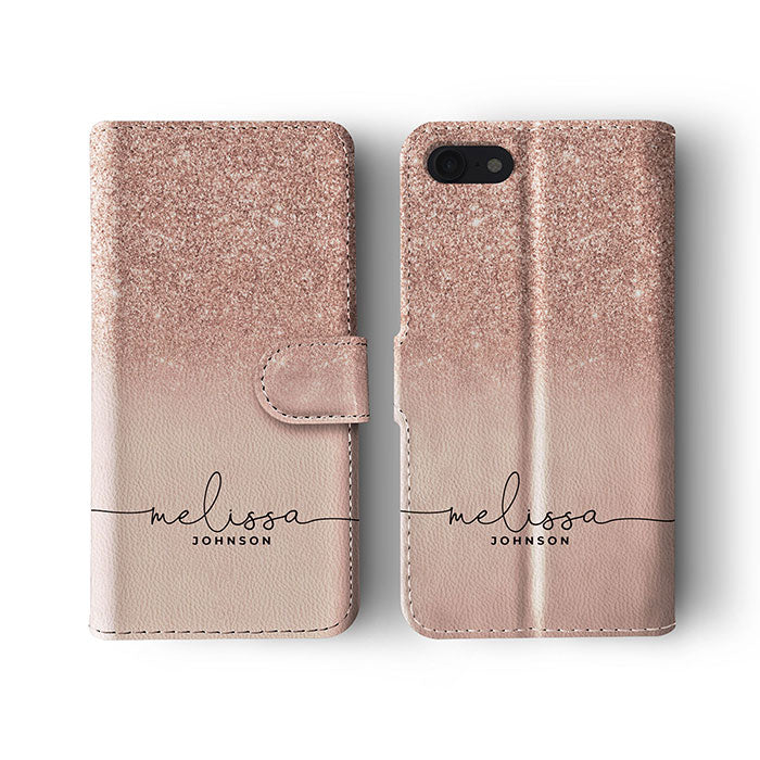 Personalised Wallet Flip Case Custom Name Rose Gold Blush Sequin Ombre