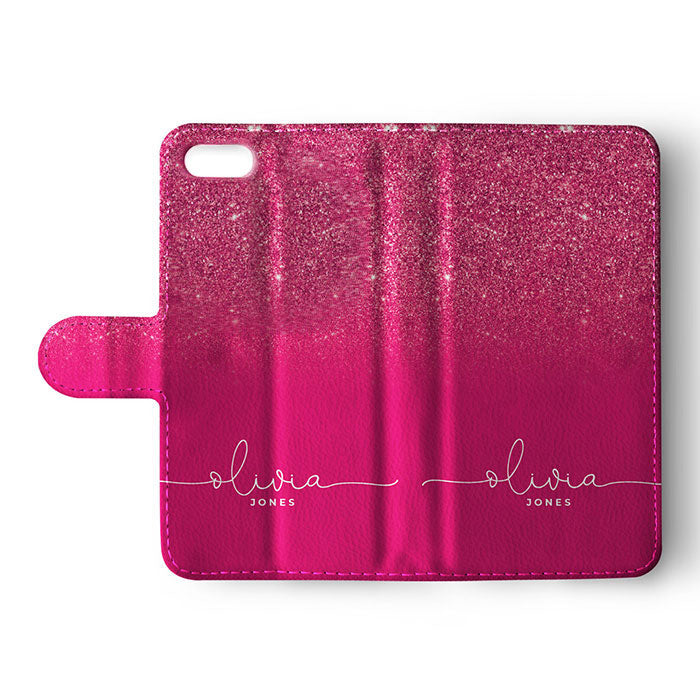 Personalised Wallet Flip Case Custom Name Purple Pink Magenta Glitter Ombre