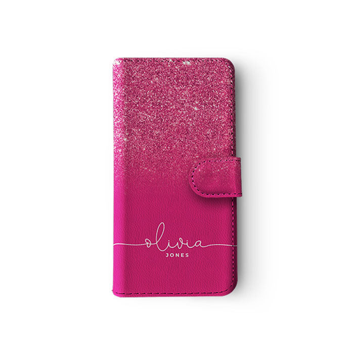 Personalised Wallet Flip Case Custom Name Purple Pink Magenta Glitter Ombre