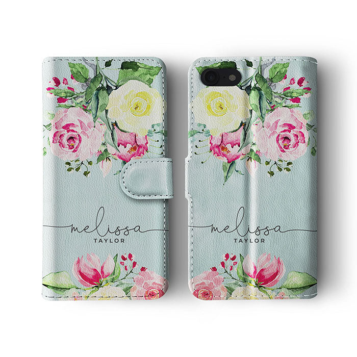 Personalised Wallet Flip Case Custom Name Floral English Roses Vintage
