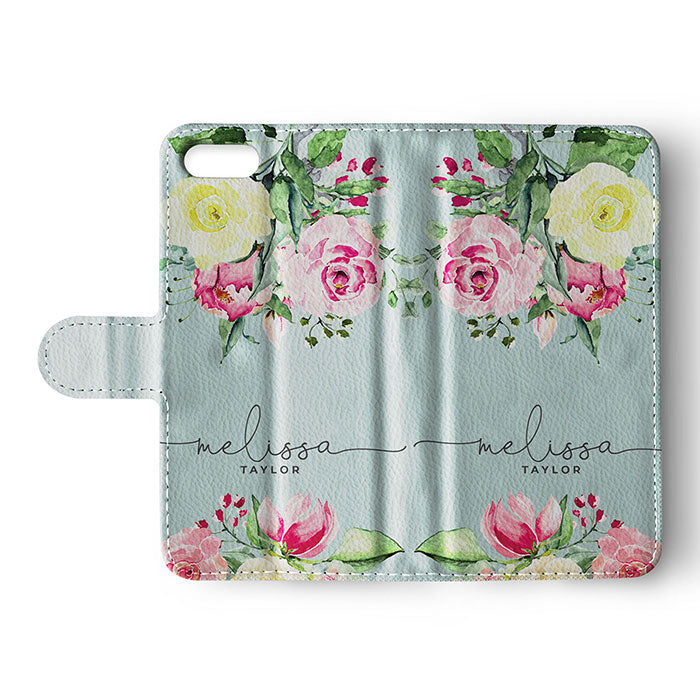 Personalised Wallet Flip Case Custom Name Floral English Roses Vintage