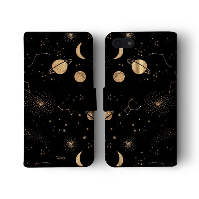 Wallet Flip Case Golden Space Stars Planets Galaxy