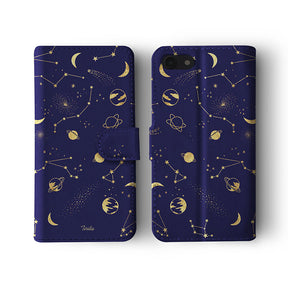 Wallet Flip Case Gold Planets Constellation Moon Stars