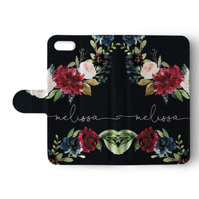 Personalised Wallet Flip Case Black Floral Rose Bloom