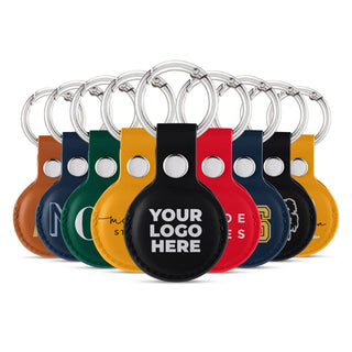 Custom logo AirTag holders in six colours, your logo printed on vegan leather