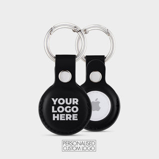 Black vegan leather AirTag holder with your logo printed