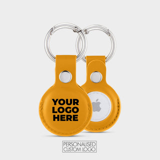 Yellow vegan leather AirTag holder with your logo printed