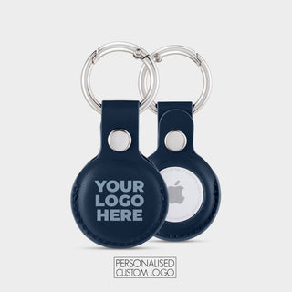 Blue vegan leather AirTag holder with your logo printed