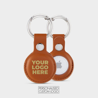 Brown vegan leather AirTag holder with your logo printed