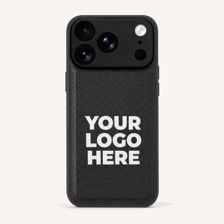 Black vegan leather iPhone case with your logo printed, corporate gift