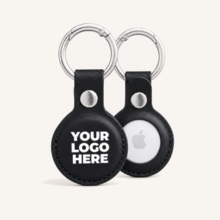 Black vegan leather AirTag holder with your logo printed, front and back with AirTag
