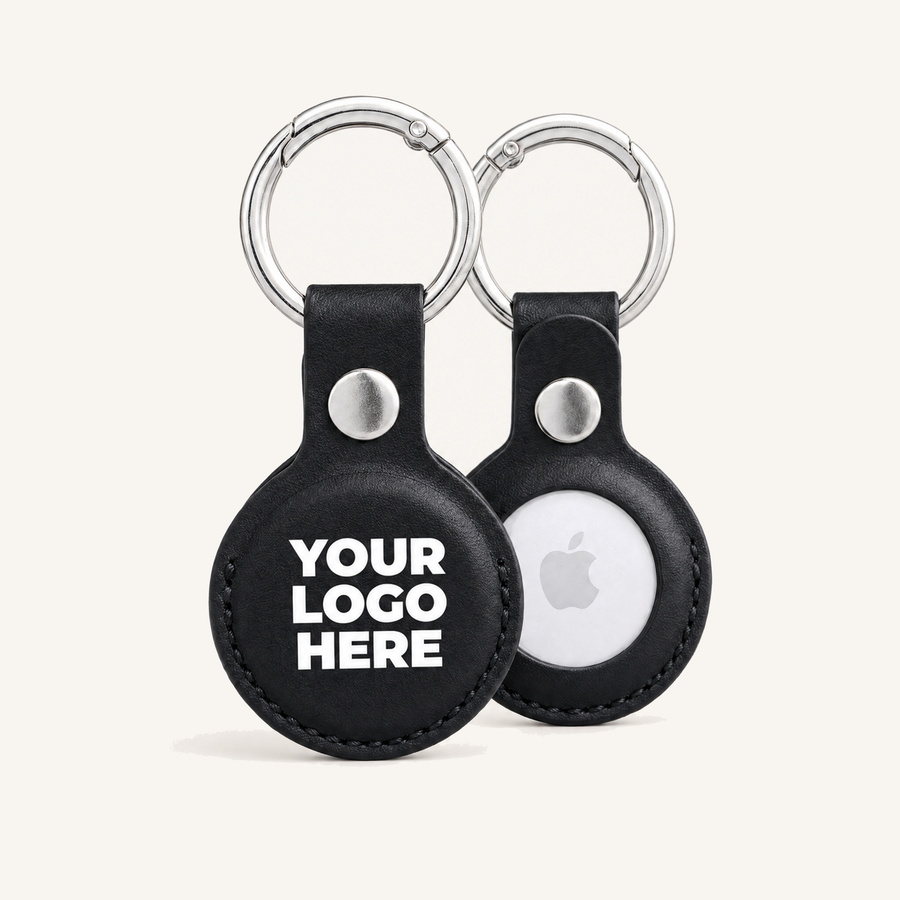Black vegan leather AirTag holder with your logo printed, front and back with AirTag
