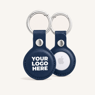Blue vegan leather AirTag holder with your logo printed, front and back with AirTag