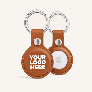 Brown vegan leather AirTag holder with your logo printed, front and back with AirTag