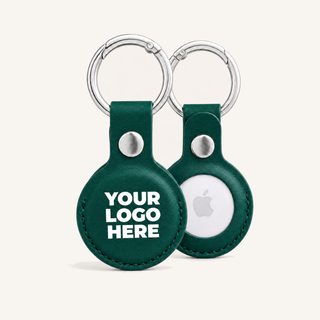 Green vegan leather AirTag holder with your logo printed, front and back with AirTag