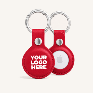 Red vegan leather AirTag holder with your logo printed, front and back with AirTag