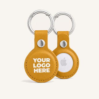 Yellow vegan leather AirTag holder with your logo printed, front and back with AirTag