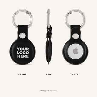 Black custom logo AirTag holder, front, side and back views
