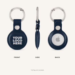 Blue custom logo AirTag holder, front, side and back views