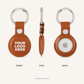 Brown custom logo AirTag holder, front, side and back views