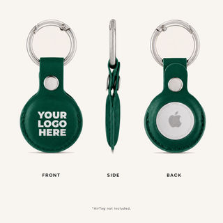 Green custom logo AirTag holder, front, side and back views