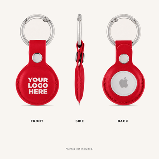 Red custom logo AirTag holder, front, side and back views