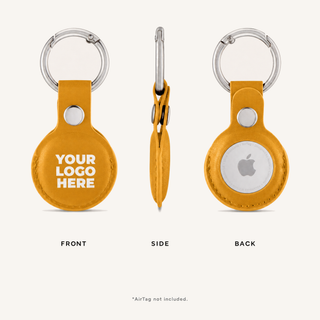 Yellow custom logo AirTag holder, front, side and back views