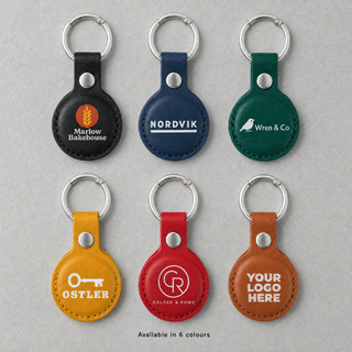 Custom logo AirTag holders in six colours: black, blue, green, yellow, red and brown