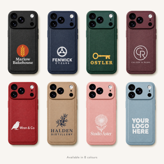 Custom logo vegan leather iPhone cases in eight colours: black, navy blue, green, burgundy, red, beige, pink and light blue