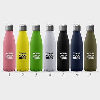 Custom logo insulated bottles in seven colours, your logo printed
