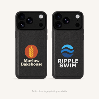 Full-colour logo printing on black vegan leather iPhone cases