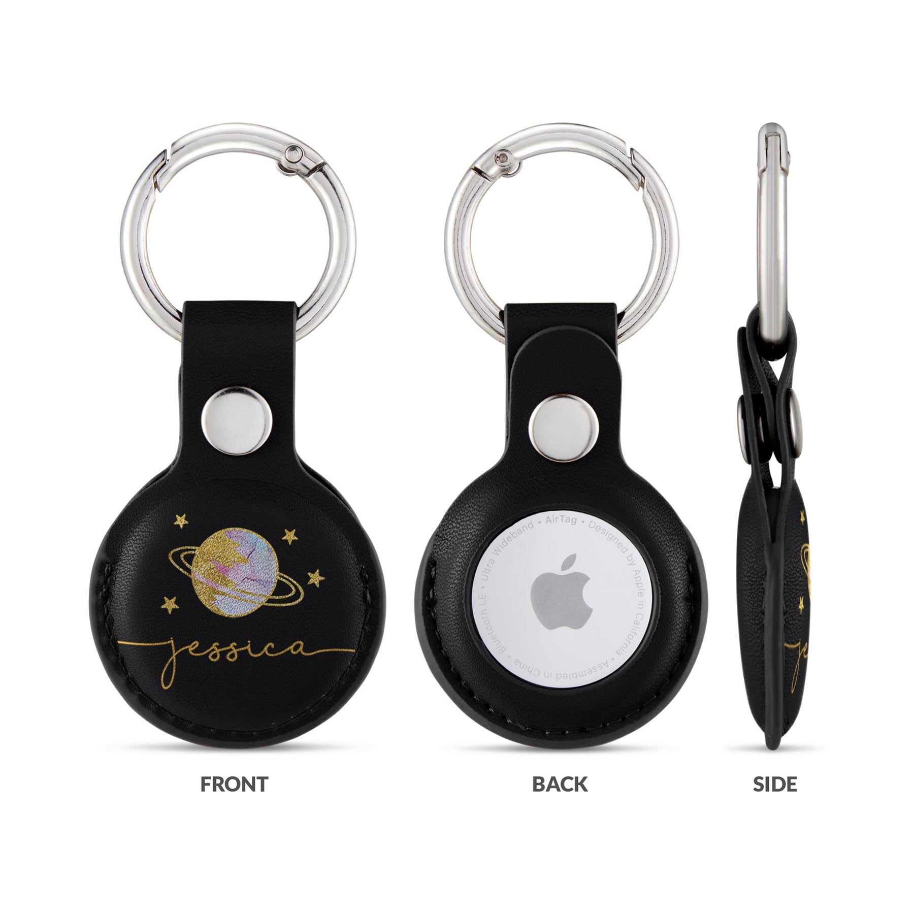 Personalised AirTag Case Keyring Holder Keychain Holder for Air Tag Tracking Device Planet Space Stars Name on Black