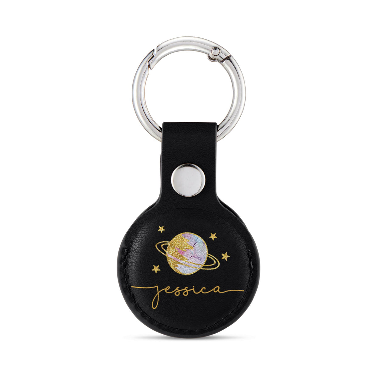 Personalised AirTag Case Keyring Holder Keychain Holder for Air Tag Tracking Device Planet Space Stars Name on Black