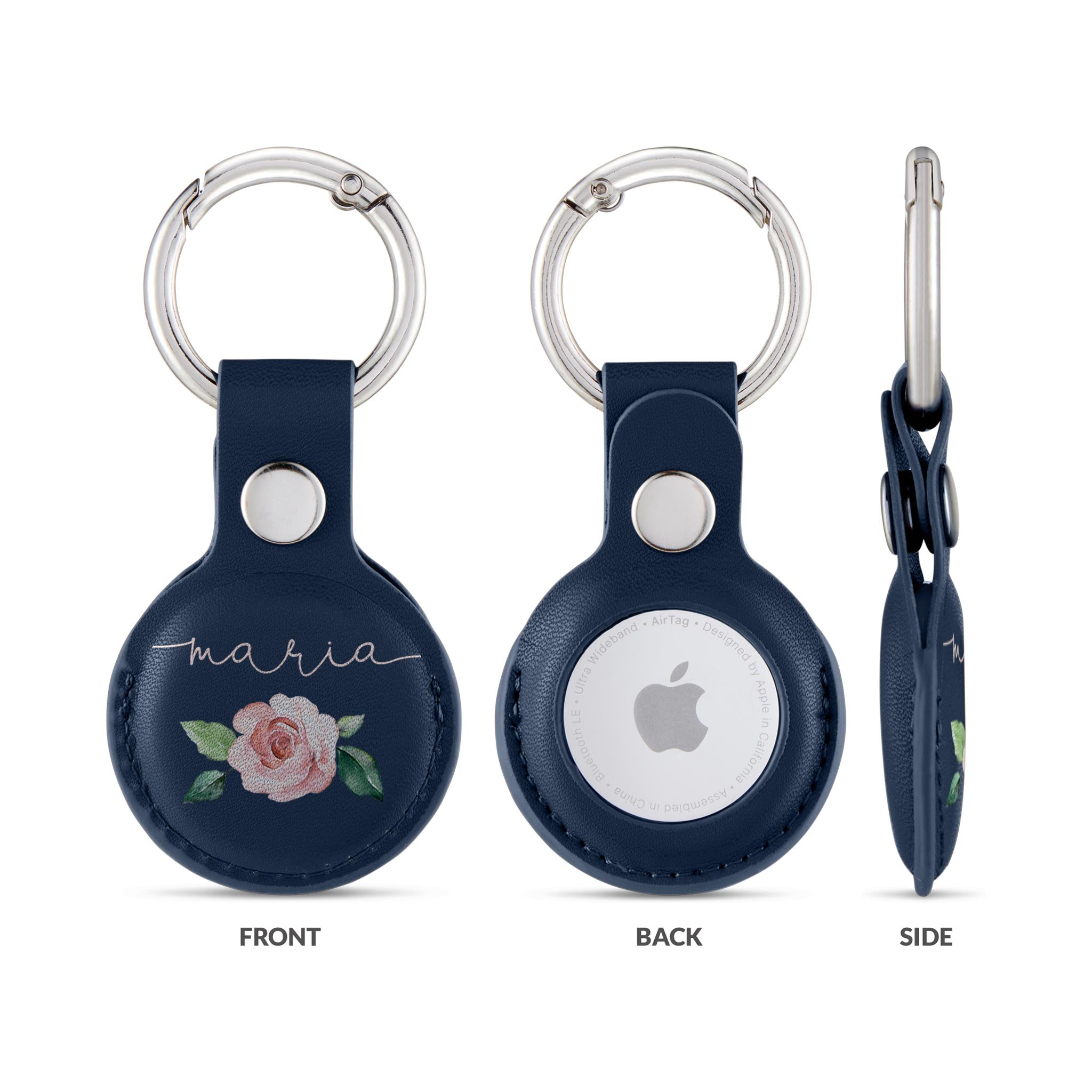 Personalised AirTag Case Keyring Holder Keychain Holder for Air Tag Tracking Device Pink Rose Name on Blue