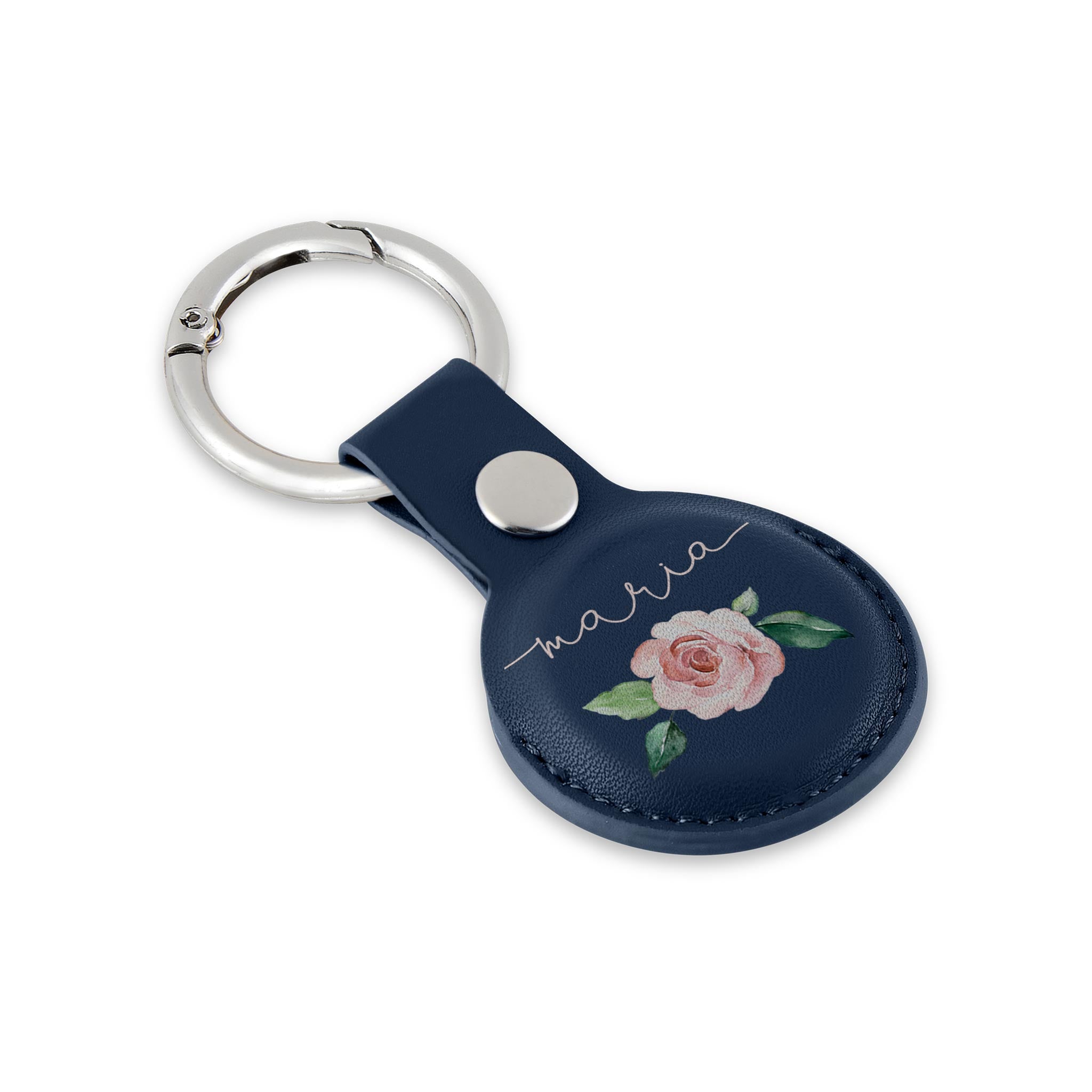 Personalised AirTag Case Keyring Holder Keychain Holder for Air Tag Tracking Device Pink Rose Name on Blue