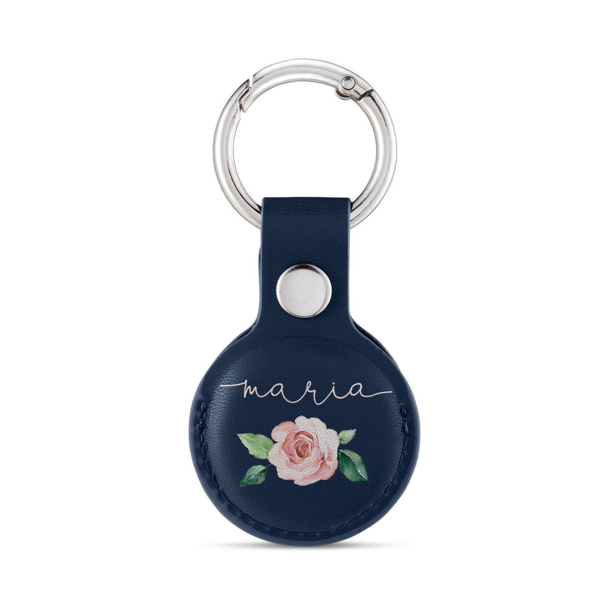 Personalised AirTag Case Keyring Holder Keychain Holder for Air Tag Tracking Device Pink Rose Name on Blue
