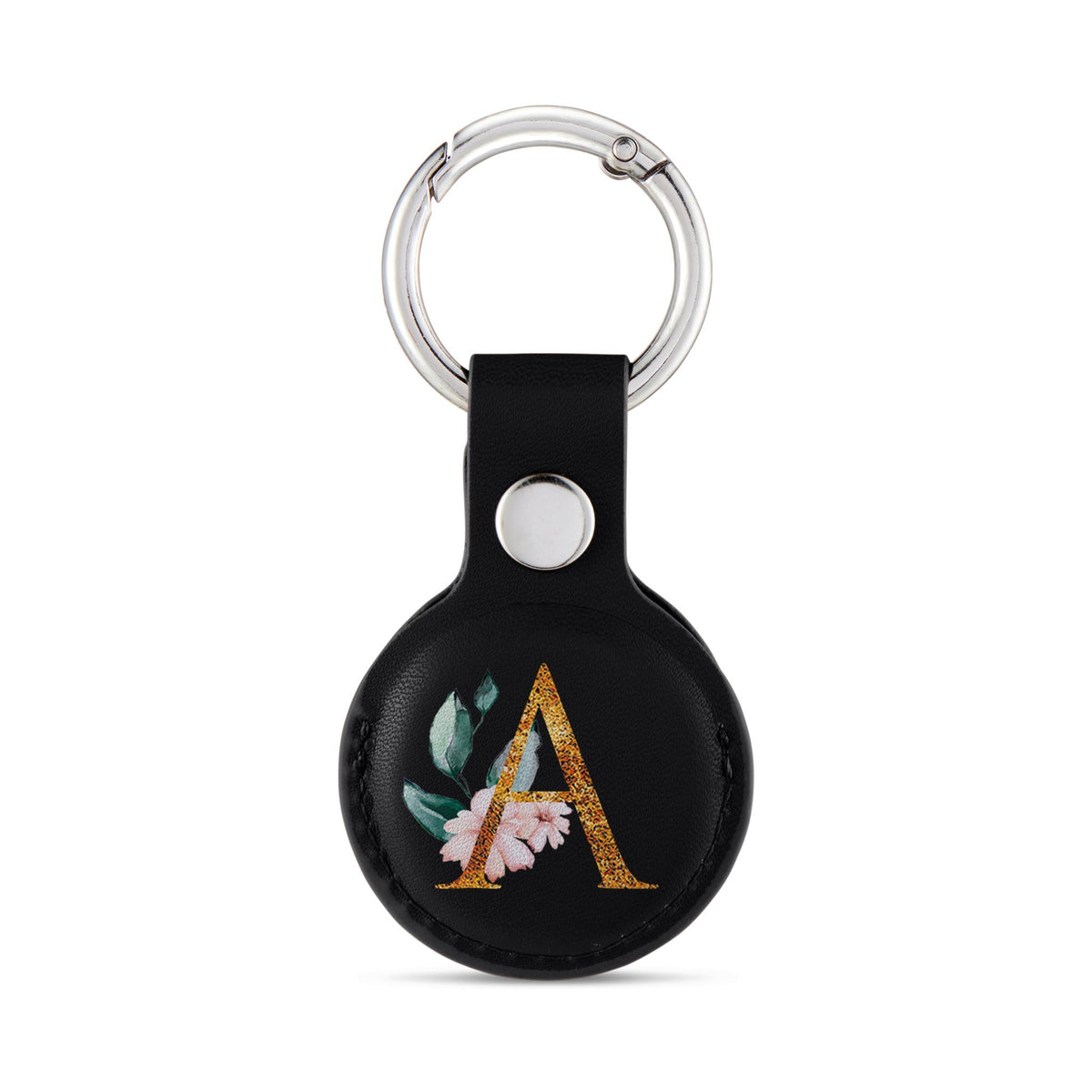 Personalised AirTag Case Keyring Holder Keychain Holder for Air Tag Tracking Device Gold Monogram Roses on Black