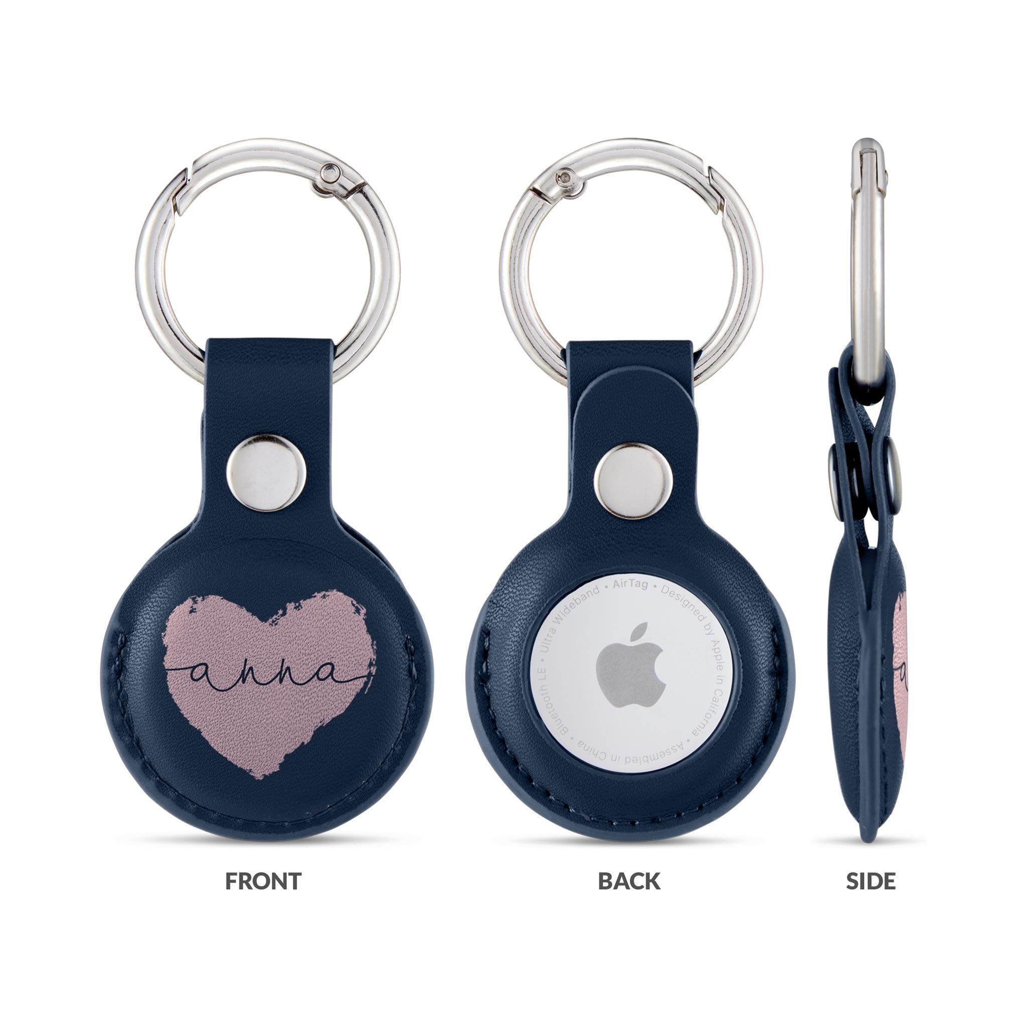 Personalised AirTag Case Keyring Holder Keychain Holder for Air Tag Tracking Device Heart Pink Love Name on Blue