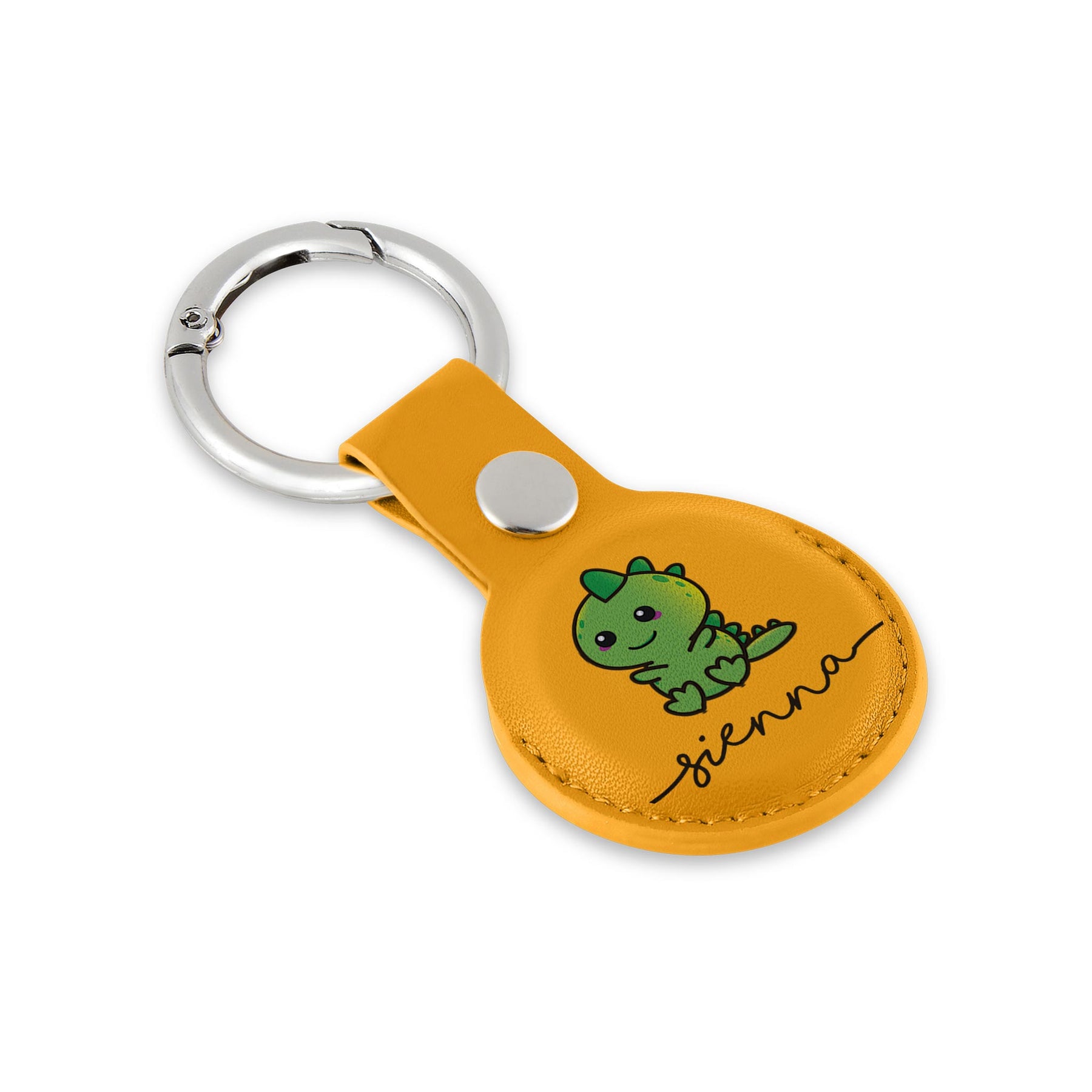 Personalised AirTag Case Keyring Holder Keychain Holder for Air Tag Tracking Device  Green Kawaii Dinosaur Name on Yellow