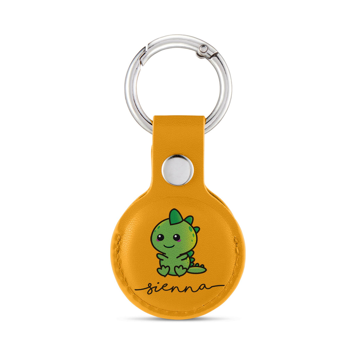 Personalised AirTag Case Keyring Holder Keychain Holder for Air Tag Tracking Device  Green Kawaii Dinosaur Name on Yellow