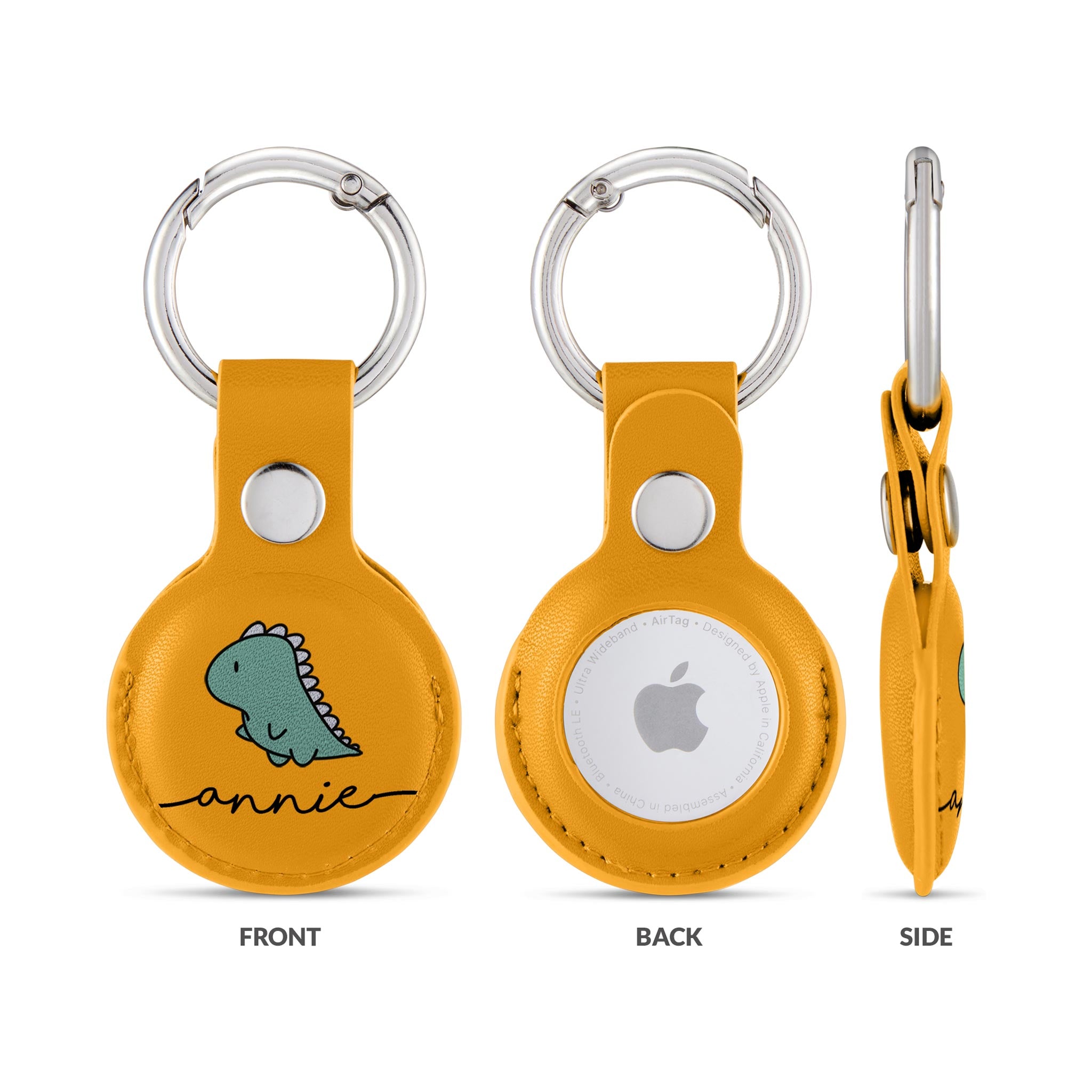 Personalised AirTag Case Keyring Holder Keychain Holder for Air Tag Tracking Device Dinosaur Kawaii Name on Yellow