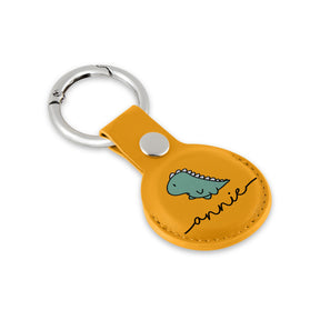 Personalised AirTag Case Keyring Holder Keychain Holder for Air Tag Tracking Device Dinosaur Kawaii Name on Yellow