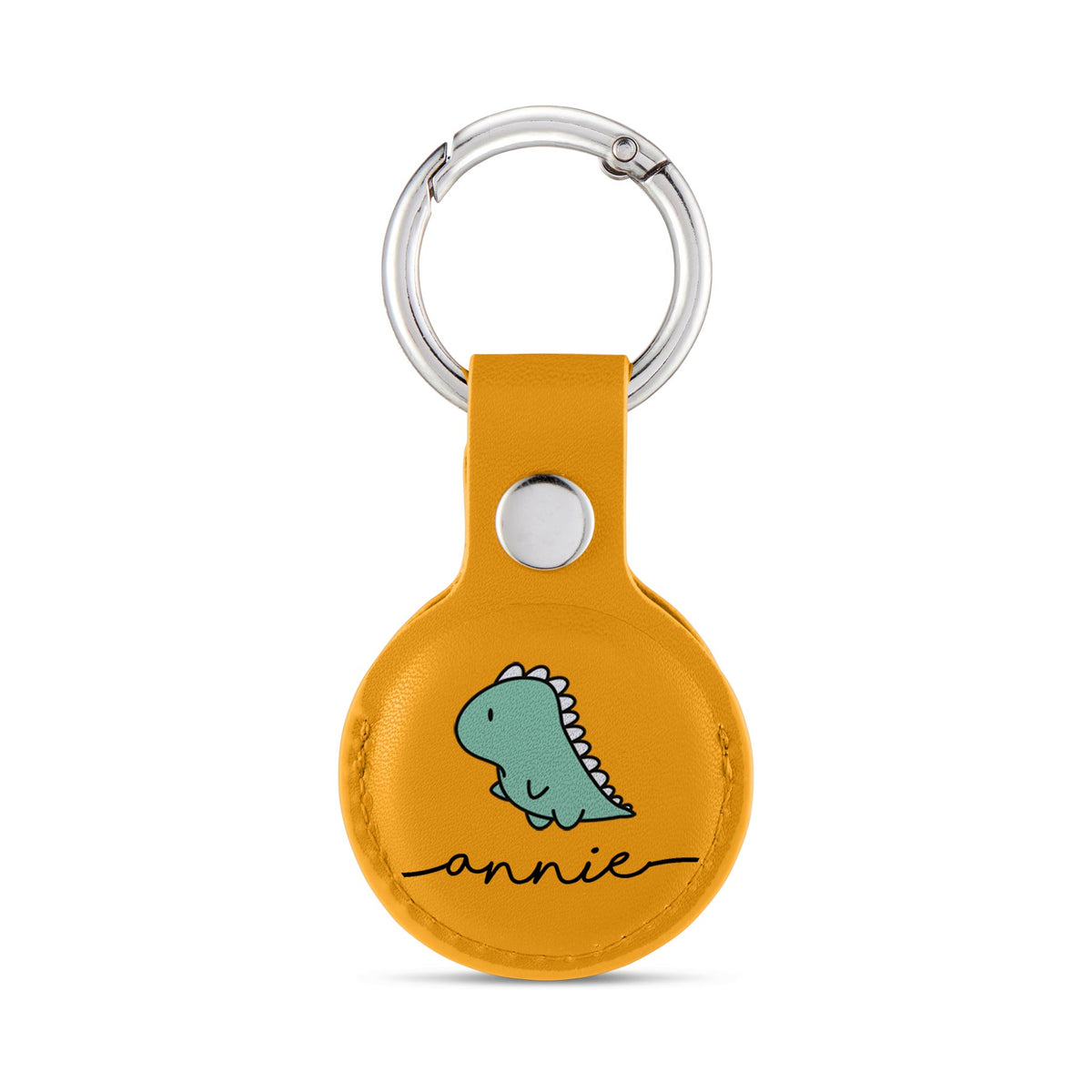 Personalised AirTag Case Keyring Holder Keychain Holder for Air Tag Tracking Device Dinosaur Kawaii Name on Yellow