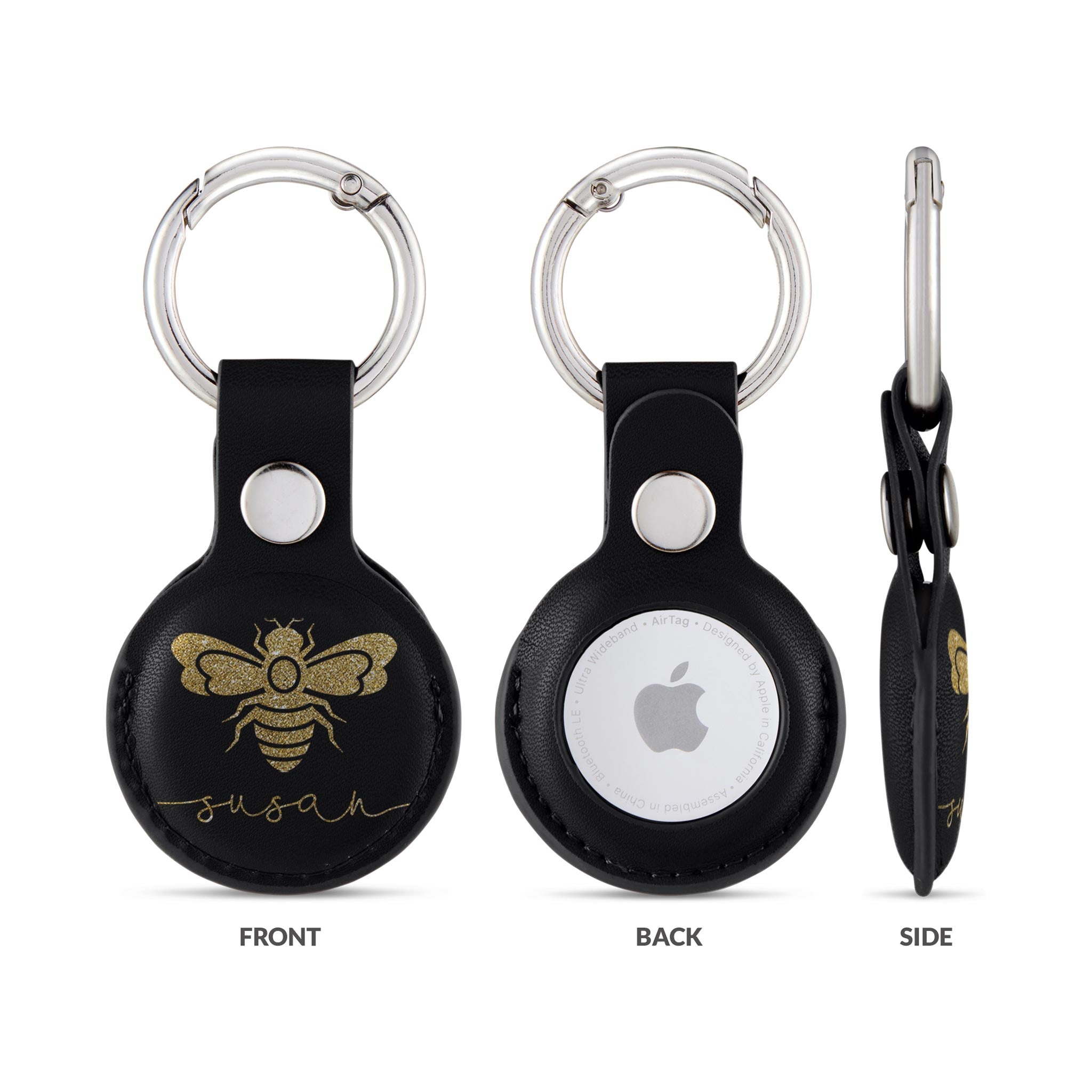 Personalised AirTag Case Keyring Holder Keychain Holder for Air Tag Tracking Device Golden Honey Bee on Black