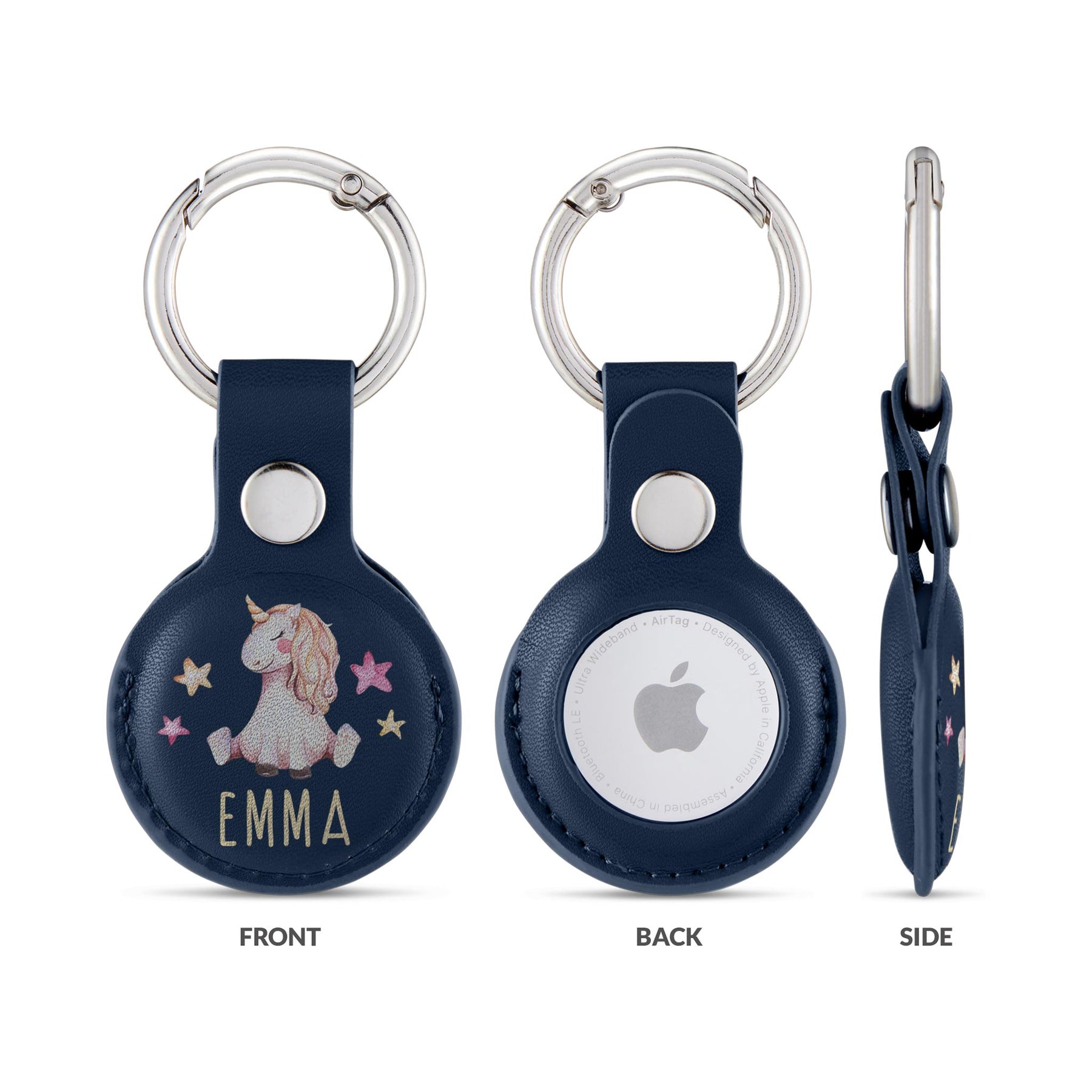 Personalised AirTag Case Keyring Holder Keychain Holder for Air Tag Tracking Device Unicorn Stars Name on Blue