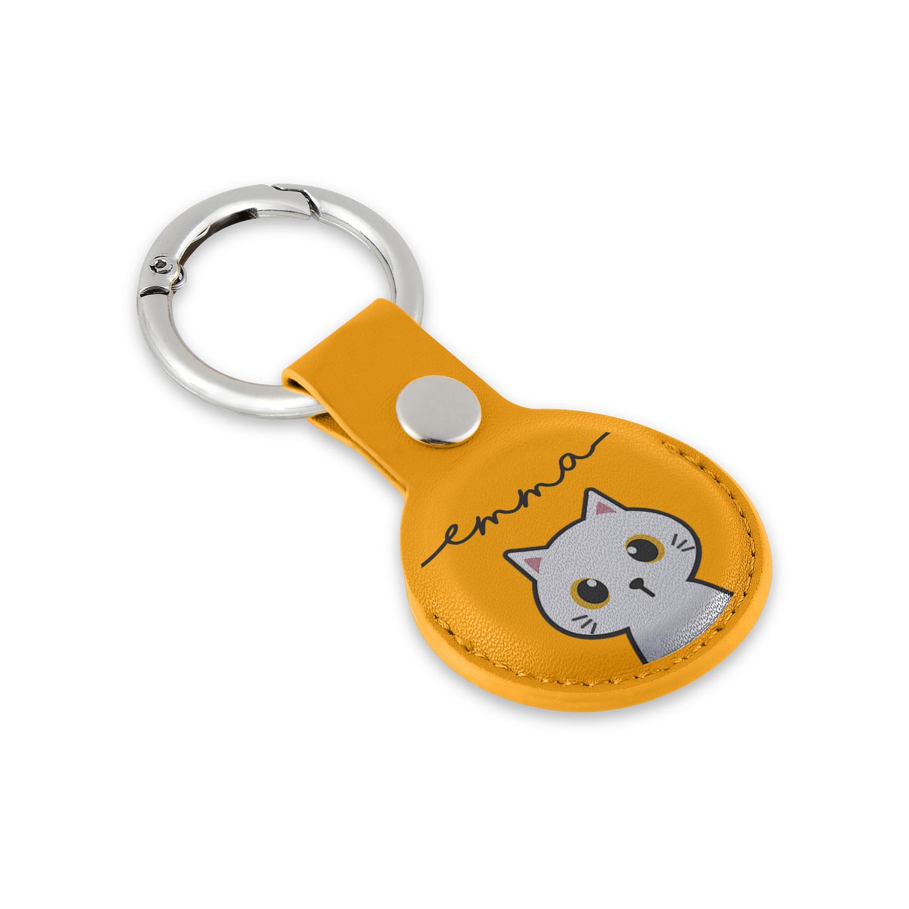 Personalised AirTag Case Keyring Holder Keychain Holder for Air Tag Tracking Device White Kitten Cat Name on Yellow